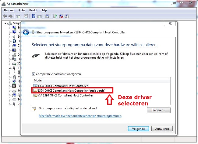 Hiermee gaat Windows de oude driver installeren die voorzien is.